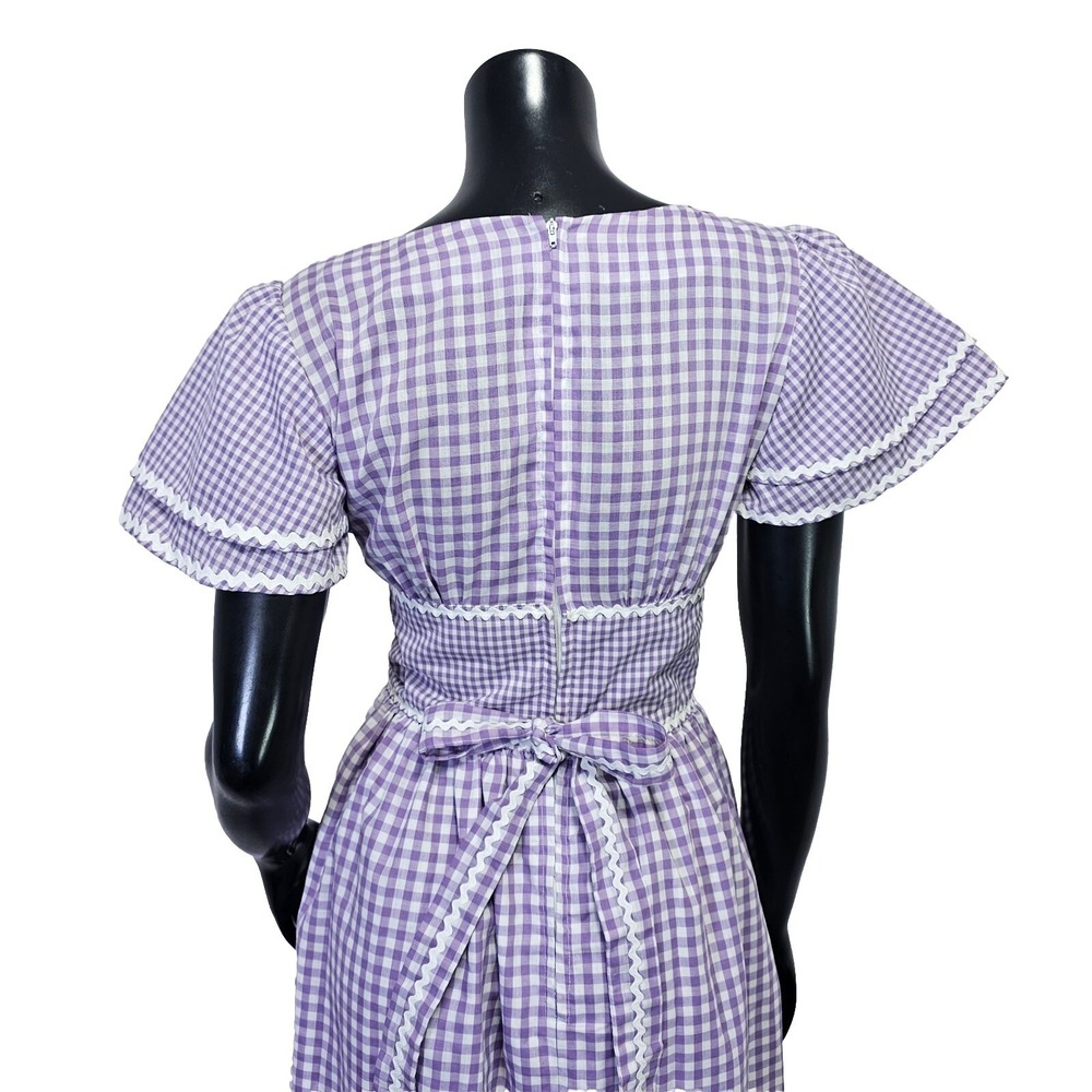 VTG 70s Purple Gingham Maxi‎ Dress Prairie Cottagecore Lace Trim Flutter Sleeve - Picture 14 of 16